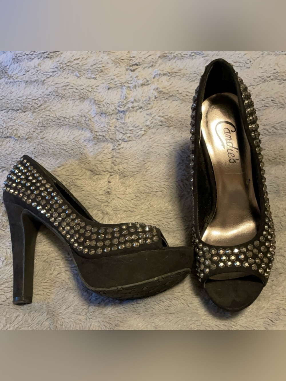 Candie's Black Rhinestone Peep-Toe Platform Heels